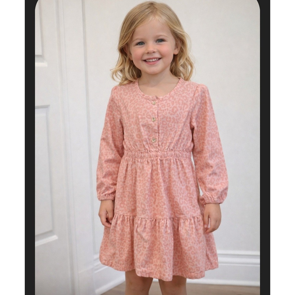RZ by Rachel Zoe Girls Pink Leopard Corduroy Dress Long Sleeve‎ Tiered 4T